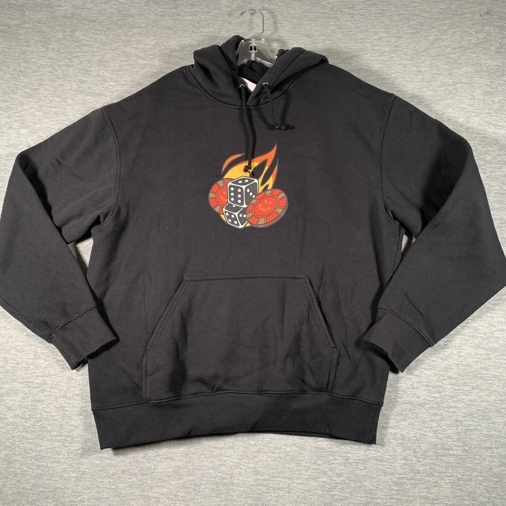 Five Hills Hoodie Mens Large Black Flaming Dice Casino Graphic Pullover Fleece